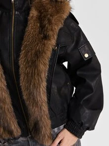 ROMWE Y2K Autumn/Winter Street Punk Patchwork Faux Fur Trim Distressed PU Loose Jacket - Black - View 11