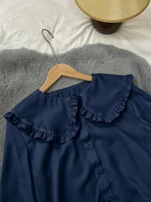 SHEIN LUNE 女式白色可爱韩版日系彼得潘领百搭纽扣衬衫，适合秋冬季内搭或外套 - 藏蓝色 - 查看 4