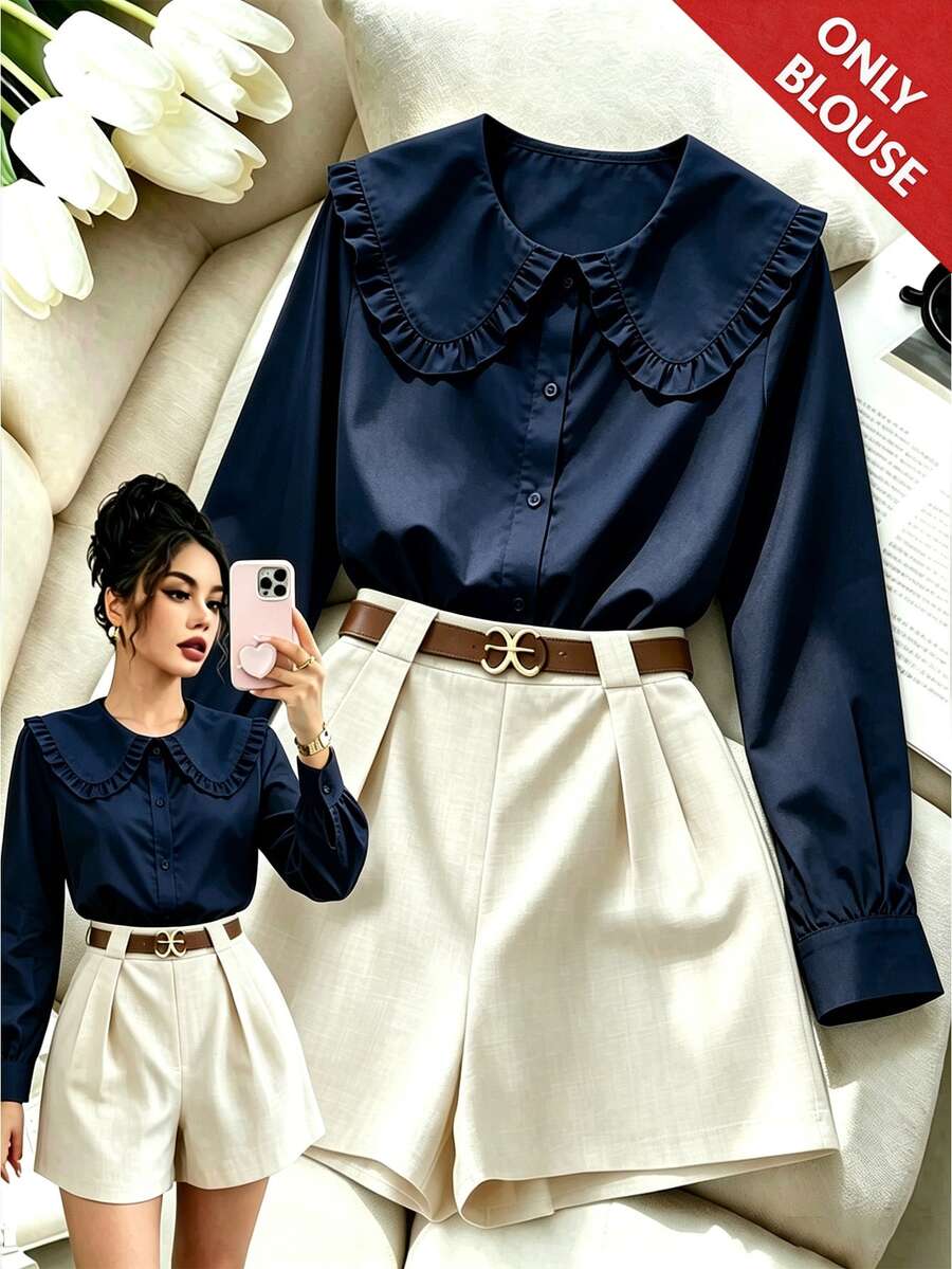 SHEIN LUNE 女式白色可爱韩版日系彼得潘领百搭纽扣衬衫，适合秋冬季内搭或外套 - 藏蓝色 - 查看 1