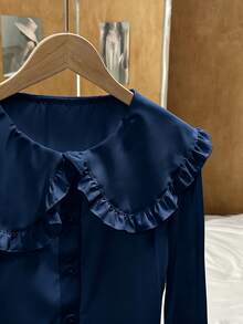 SHEIN LUNE 女式白色可爱韩版日系彼得潘领百搭纽扣衬衫，适合秋冬季内搭或外套 - 藏蓝色 - 查看 5