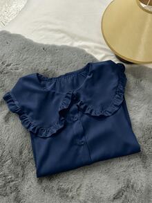 SHEIN LUNE 女式白色可爱韩版日系彼得潘领百搭纽扣衬衫，适合秋冬季内搭或外套 - 藏蓝色 - 查看 7