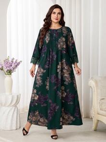 Al Najma Plus Size Women's Floral Print Arabian Dress - Dark Green - View 5