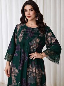 Al Najma Plus Size Women's Floral Print Arabian Dress - Dark Green - View 1