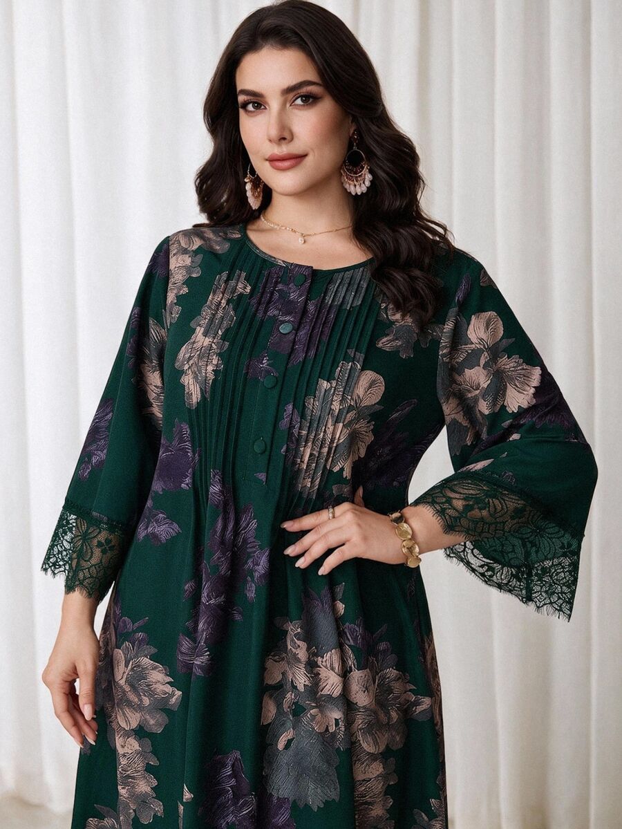 Al Najma Plus Size Women's Floral Print Arabian Dress - Dark Green - View 1