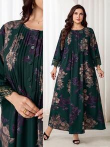 Al Najma Plus Size Women's Floral Print Arabian Dress - Dark Green - View 3