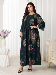 Al Najma Plus Size Women's Floral Print Arabian Dress - Dark Green - View 7