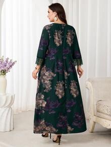 Al Najma Plus Size Women's Floral Print Arabian Dress - Dark Green - View 2