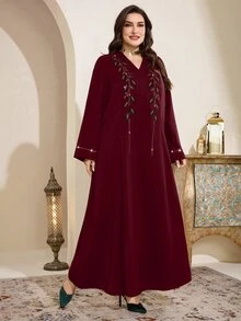 Al Najma Plus Size Women's Rhinestone Decorated Turkish Abaya Arabic Traditional Modest Maxi Dress Egypt Holiday Thailand Burgundy Summer - Burgundy - View 7