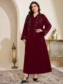 Al Najma Plus Size Women's Rhinestone Decorated Turkish Abaya Arabic Traditional Modest Maxi Dress Egypt Holiday Thailand Burgundy Summer - Burgundy - View 8