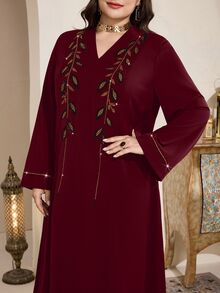 Al Najma Plus Size Women's Rhinestone Decorated Turkish Abaya Arabic Traditional Modest Maxi Dress Egypt Holiday Thailand Burgundy Summer - Burgundy - View 6