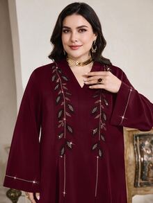 Al Najma Plus Size Women's Rhinestone Decorated Turkish Abaya Arabic Traditional Modest Maxi Dress Egypt Holiday Thailand Burgundy Summer - Burgundy - View 1