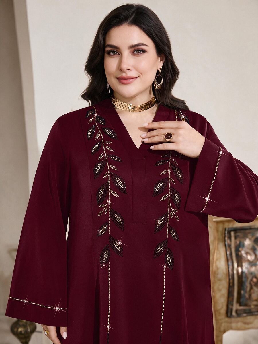 Al Najma Plus Size Women's Rhinestone Decorated Turkish Abaya Arabic Traditional Modest Maxi Dress Egypt Holiday Thailand Burgundy Summer - Burgundy - View 1