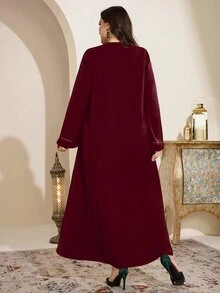 Al Najma Plus Size Women's Rhinestone Decorated Turkish Abaya Arabic Traditional Modest Maxi Dress Egypt Holiday Thailand Burgundy Summer - Burgundy - View 2