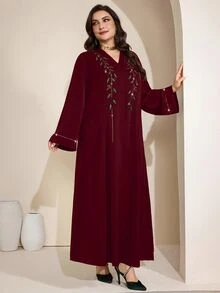 Al Najma Plus Size Women's Rhinestone Decorated Turkish Abaya Arabic Traditional Modest Maxi Dress Egypt Holiday Thailand Burgundy Summer - Burgundy - View 5