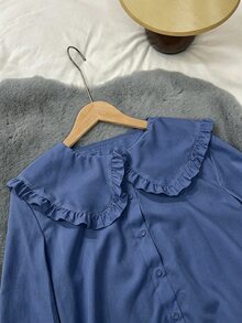 Selianne 新款女款竹紋編織面料可愛韓日風彼得潘領秋/冬內搭外穿百搭襯衫 畢業季年輕通勤女式襯衫 - 藍色 - 查看 4