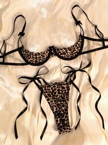 ROMWE Y2K Leopard Print Lace Patchwork Mesh Quarter Cup Bra And Open Crotch Panty, Sexy Lingerie Set For Women - Multicolor - View 1