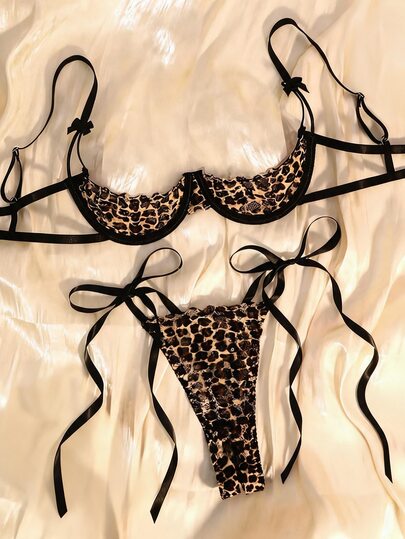 ROMWE Y2K Leopard Print Lace Patchwork Mesh Quarter Cup Bra And Open Crotch Panty, Sexy Lingerie Set For Women