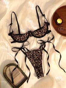 ROMWE Y2K Leopard Print Lace Patchwork Mesh Quarter Cup Bra And Open Crotch Panty, Sexy Lingerie Set For Women - Multicolor - View 3