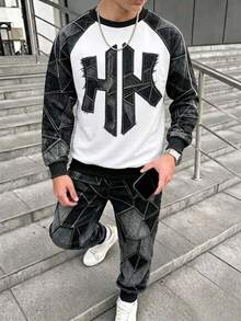 Tween Boys Casual Streetwear Graphic Minimalist Black And White Grey Geometric Patchwork Letter Print Sweatshirt Sweatpants 2 Pieces Set School Autumn - Multicolor - View 3