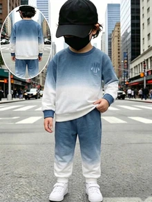 2pcs Baby Boys Sweatshirt Sets Cowboy Racing Blue And White Gradient Letter Print Loose Fit Crewneck Long Sleeve School Autumn Gym Vacation - Multicolor - View 4