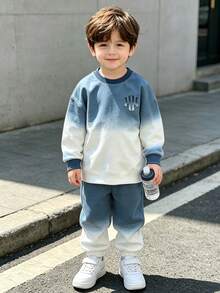 2pcs Baby Boys Sweatshirt Sets Cowboy Racing Blue And White Gradient Letter Print Loose Fit Crewneck Long Sleeve School Autumn Gym Vacation - Multicolor - View 5