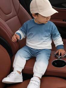 2pcs Baby Boys Sweatshirt Sets Cowboy Racing Blue And White Gradient Letter Print Loose Fit Crewneck Long Sleeve School Autumn Gym Vacation - Multicolor - View 1