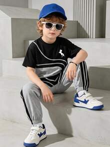 2pcs Young Boys T-Shirt Sets Casual White Baby White Color Block Stripe Print Long Pants Crew Neck Back To School Summer Sets Birthday Ring Bearer - Multicolor - View 2