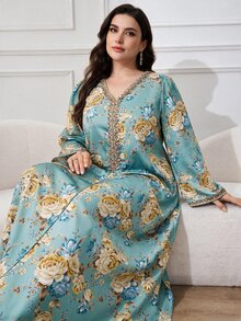 Al Najma 大尺碼女款花卉印花V領阿拉伯風端莊Ninang夏威夷婚禮賓客杜拜度假洗禮派對晚禮服，藍黃配色，秋季 - 綠色 - 查看 1