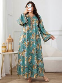 Al Najma 大尺碼女款花卉印花V領阿拉伯風端莊Ninang夏威夷婚禮賓客杜拜度假洗禮派對晚禮服，藍黃配色，秋季 - 綠色 - 查看 3