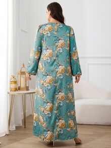 Al Najma 大尺碼女款花卉印花V領阿拉伯風端莊Ninang夏威夷婚禮賓客杜拜度假洗禮派對晚禮服，藍黃配色，秋季 - 綠色 - 查看 2