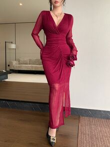 Modelyn 春秋季高級提花V領抓皺收腰優雅開衩長袖女款時尚派對洋裝 - 酒紅色 - 查看 3