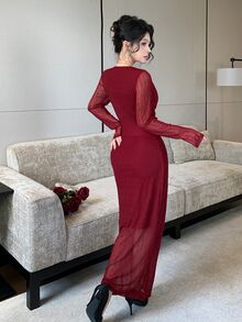 Modelyn 春秋季高級提花V領抓皺收腰優雅開衩長袖女款時尚派對洋裝 - 酒紅色 - 查看 8