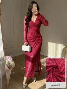 Modelyn 春秋季高級提花V領抓皺收腰優雅開衩長袖女款時尚派對洋裝 - 酒紅色 - 查看 2