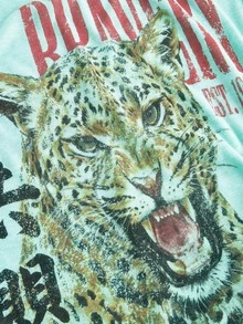 ROMWE Grunge Punk Women's Vintage New Chinese Style Leopard Chinese & English Print All-Match Versatile Y2K Autumn/Winter Sheer Inner Layer Long Sleeve Cinched Waist Drawstring T-Shirt Top - Teal Blue - View 4