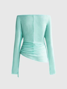 ROMWE Grunge Punk Women's Vintage New Chinese Style Leopard Chinese & English Print All-Match Versatile Y2K Autumn/Winter Sheer Inner Layer Long Sleeve Cinched Waist Drawstring T-Shirt Top - Teal Blue - View 2