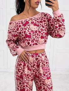 HELLO KITTY AND FRIENDS | SHEIN SHEIN EZwear 女款豹紋卡通圖案不對稱肩長袖衛衣與長褲休閒兩件套 - 粉色 - 查看 5