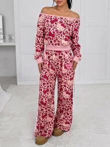 HELLO KITTY AND FRIENDS | SHEIN SHEIN EZwear 女款豹紋卡通圖案不對稱肩長袖衛衣與長褲休閒兩件套 - 粉色 - 查看 3