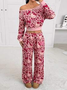 HELLO KITTY AND FRIENDS | SHEIN SHEIN EZwear 女款豹紋卡通圖案不對稱肩長袖衛衣與長褲休閒兩件套 - 粉色 - 查看 7