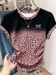 Resyla 女款 T-shirt 夏季外出上衣，經典黑色卡其漸層豹紋印花，蝴蝶結印花圖案風格，圖形設計，收腰設計 - 彩色 - 查看 1