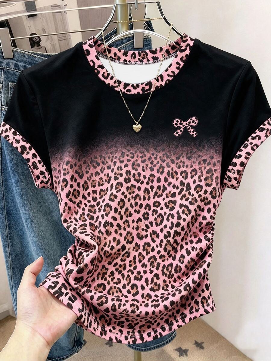 Resyla 女款 T-shirt 夏季外出上衣,經典黑色卡其漸層豹紋印花,蝴蝶結印花圖案風格,圖形設計,收腰設計 - 彩色 - 查看 1