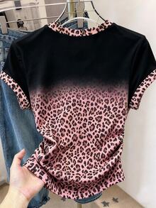 Resyla 女款 T-shirt 夏季外出上衣，經典黑色卡其漸層豹紋印花，蝴蝶結印花圖案風格，圖形設計，收腰設計 - 彩色 - 查看 2
