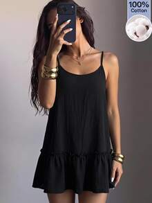 SHEIN EZwear Black Woven Spaghetti Strap Women's Dress - Black - View 1
