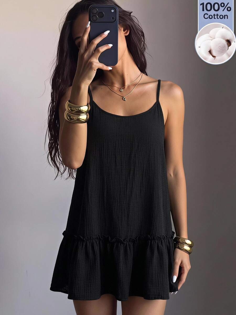 SHEIN EZwear Black Woven Spaghetti Strap Women's Dress - Black - View 1