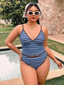 Swim Mod 大尺碼女款 2 件式幾何方格印花度假休閒街頭風 性感收腹顯瘦高腰比基尼泳衣 海灘派對夏季款 - 藍色 - 查看 4