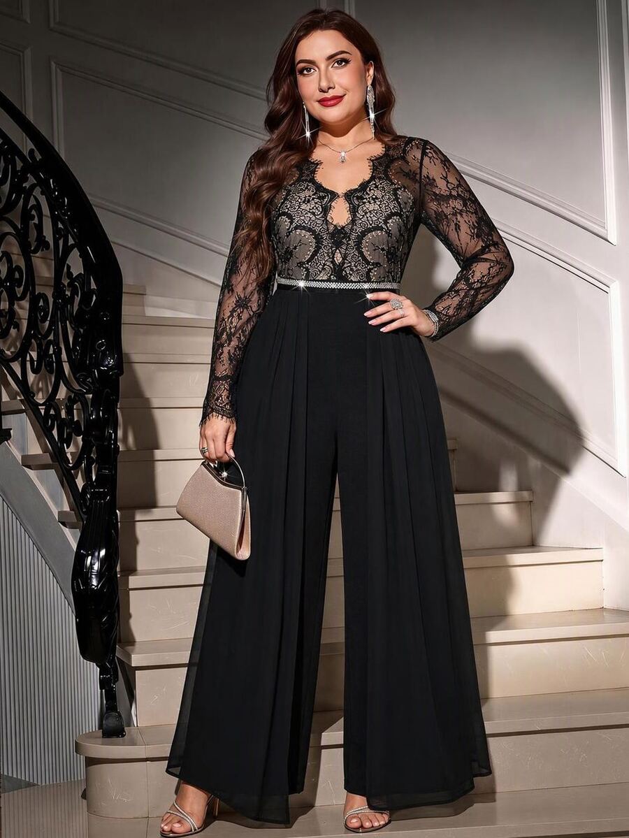 Reflora Plus Size Women's Contrast Lace Waist Rhinestone Decor Pleated Wide Leg Elegant Sexy Fluffy Jumpsuit Fall New Year Party Dinner Black - Black - View 1