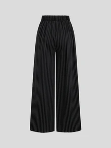 Sweetra Damen Sweetro elegantes lässiges Pendler- und Abendoutfit Business-Büro-Hosenanzug-Set mit Off-Shoulder Oberteil, schwarz-weiß gestreift, Sommer - Schwarz - Übersicht 5