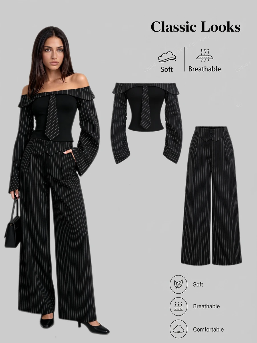 Sweetra Damen Sweetro elegantes lässiges Pendler- und Abendoutfit Business-Büro-Hosenanzug-Set mit Off-Shoulder Oberteil, schwarz-weiß gestreift, Sommer - Schwarz - Übersicht 1