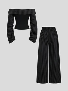Sweetra Damen Sweetro elegantes lässiges Pendler- und Abendoutfit Business-Büro-Hosenanzug-Set mit Off-Shoulder Oberteil, schwarz-weiß gestreift, Sommer - Schwarz - Übersicht 2