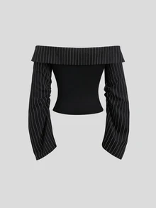 Sweetra Damen Sweetro elegantes lässiges Pendler- und Abendoutfit Business-Büro-Hosenanzug-Set mit Off-Shoulder Oberteil, schwarz-weiß gestreift, Sommer - Schwarz - Übersicht 7