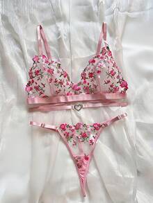 Sweetness Style Dream Sexy Lingerie Set, Pink Floral Embroidery Padded Push-Up Breathable Bra & Panty 2-Piece, Romantic Intimate Wear For Valentine's Day - Pink - View 1